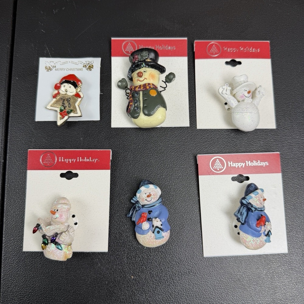 Mixed Lot Of 6 Costume Jewelry Brooches Christmas Snowman Holiday Grandma Gift